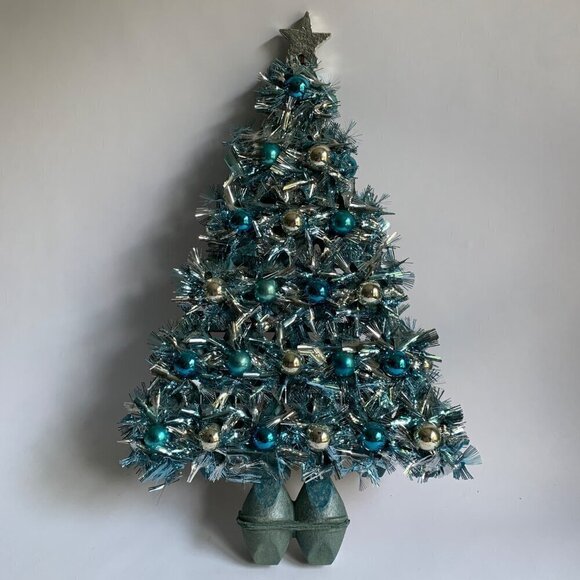 Vintage Christmas Tree Tinsel Egg Carton Tabletop Decor Blue Teal - Picture 1 of 7